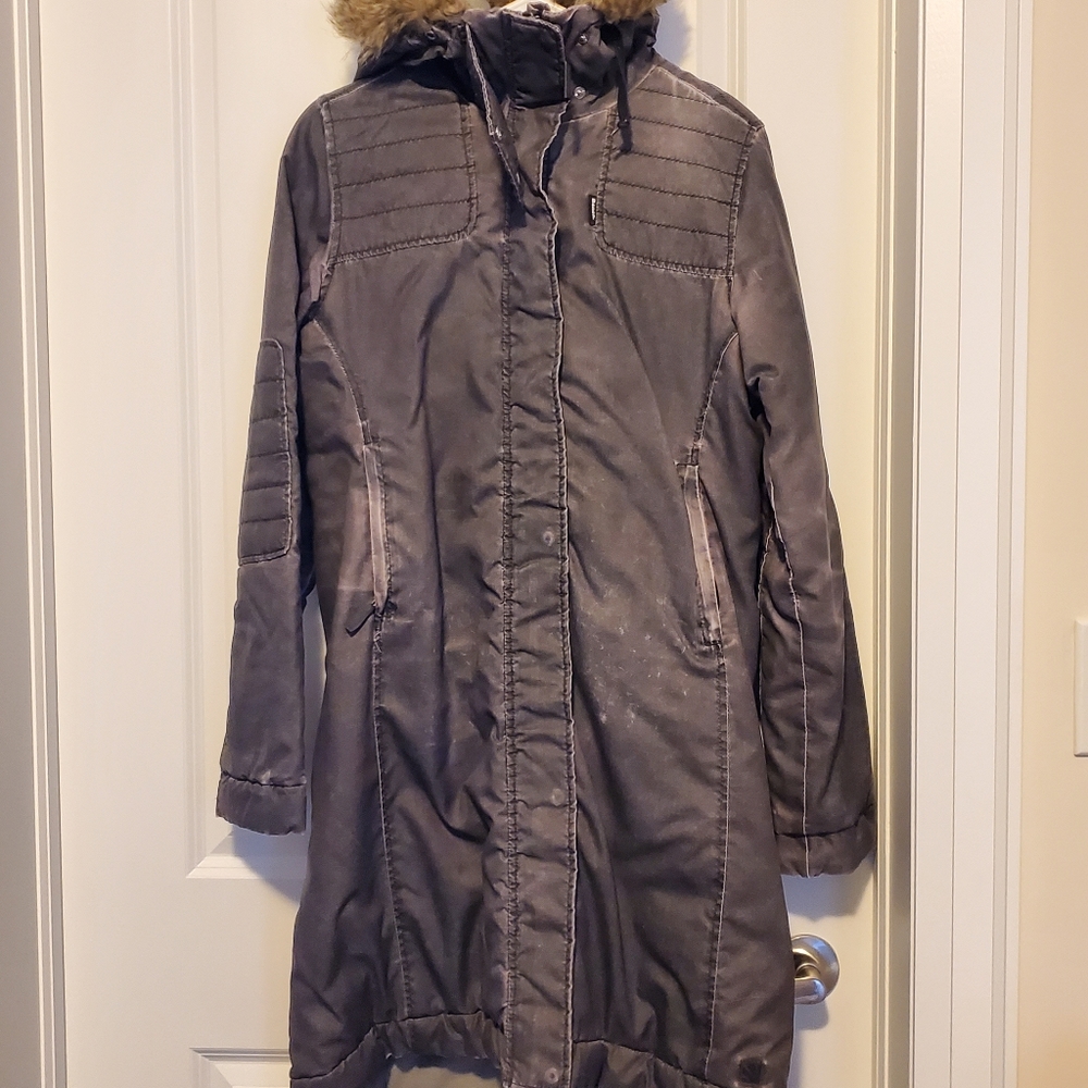 BENCH Purple Acid Wash Fitted Long Jacket with Faux Fur Trim Hood US M